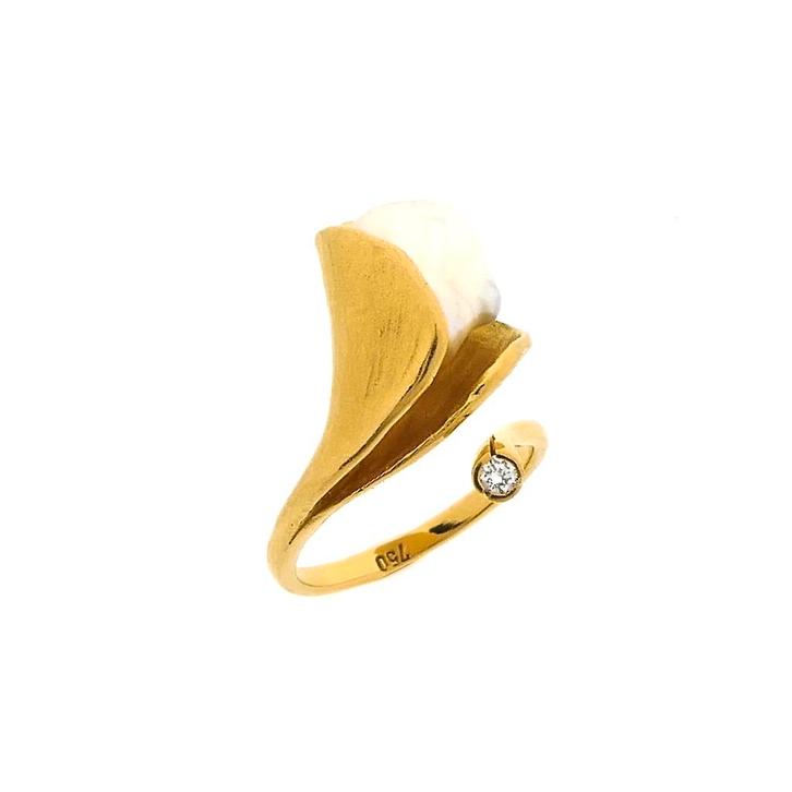 18 Krt. Gouden cocktail ring met barok parel en diamant |..., Sieraden, Tassen en Uiterlijk, Ringen, Dame, Met edelsteen, Overige kleuren