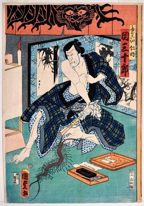 Seki Sanjurô as Nisuke with MUKADE - Scolopendrid - Utagawa, Antiek en Kunst, Antiek | Overige Antiek