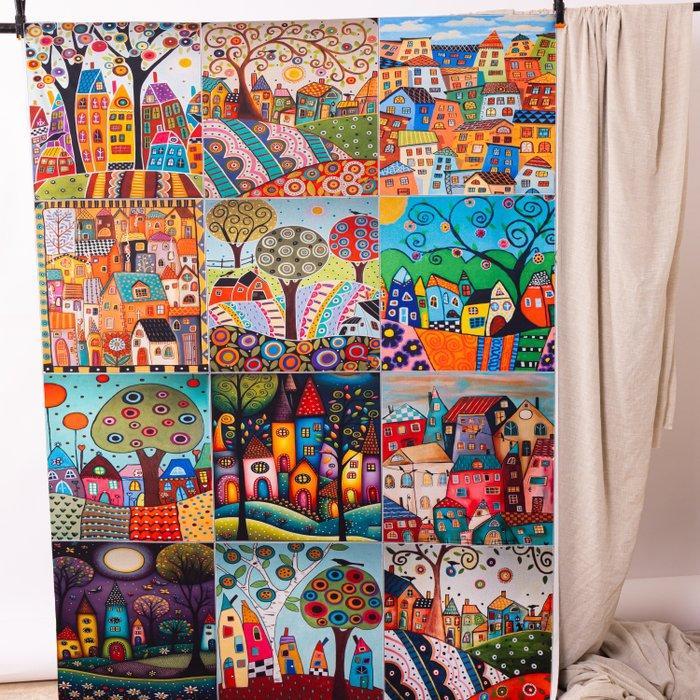 Naïef decoratief stof – 12 sprookjesachtige landschappen met, Antiek en Kunst, Antiek | Kleden en Textiel