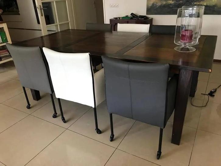 Set van 6 leren kuip eetkamerstoelen - met wieltjes -, Huis en Inrichting, Stoelen, Nieuw, Leer, Ophalen of Verzenden