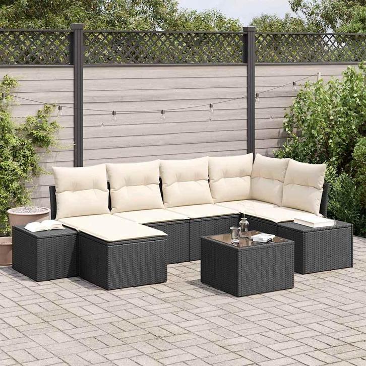 vidaXL Tuin Sofa Set met kussen 6 pcs Zwart en Crème poly, Tuin en Terras, Tuinsets en Loungesets, Nieuw, Rotan, Verzenden