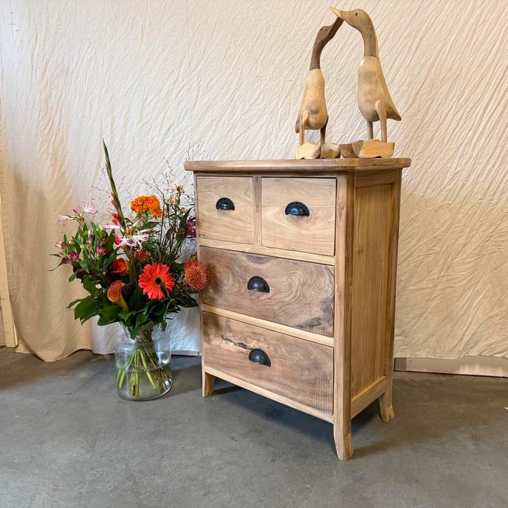 Landelijke Ladekast - teakhout - 4 lades - TTM Wonen, Huis en Inrichting, Kasten | Ladekasten, 25 tot 50 cm, Nieuw, Teakhout, Minder dan 100 cm