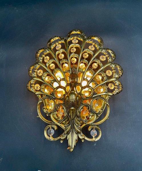 Wandkandelaar - Exquise Vintage Messingen Pauwen Wandlamp, Huis en Inrichting, Overige Huis en Inrichting
