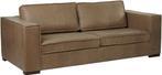 Taupe leren landelijke 3-zitsbank - poot hout bruin - Vintag, Ophalen of Verzenden, Rechte bank, Modern, 200 tot 250 cm