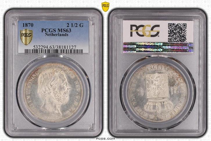 Koning Willem III 2 1/2 Gulden 1870 MS63 PCGS gecertificeerd, Postzegels en Munten, Munten | Nederland, Losse munt, Koning Willem III