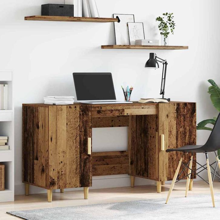 vidaXL Bureau met plank Oud Hout 140 x 50 x 75 cm Bewerkt, Huis en Inrichting, Bureaus, Nieuw, Verzenden