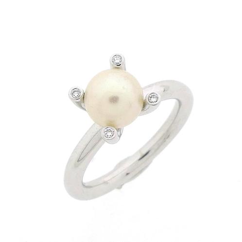 Witgouden Phlox ring gezet met Zuidzee parel en diamant..., Sieraden, Tassen en Uiterlijk, Ringen, Dame, Met edelsteen, Overige kleuren