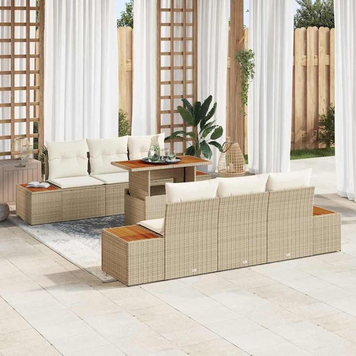 vidaXL Tuin Eetset met kussen met kussen 7 pcs Beige en, Tuin en Terras, Tuinsets en Loungesets, Nieuw, Rotan, Verzenden