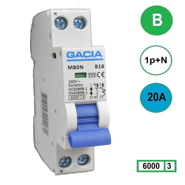 Gacia installatieautomaat 1P+N B20 6KA - M80N-B20, Doe-het-zelf en Verbouw, Elektra en Kabels, Nieuw, Ophalen of Verzenden