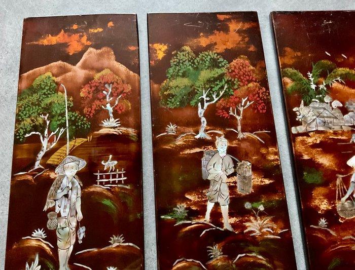 Set van 4 Vietnamese houten lakpanelen met parelmoer –, Antiek en Kunst, Antiek | Overige Antiek