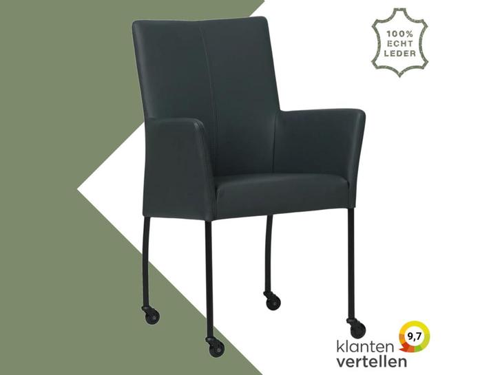 Leren eetkamerstoel Comfort met wieltjes en armleuning -, Huis en Inrichting, Stoelen, Eén, Blauw, Nieuw, Leer, Ophalen of Verzenden