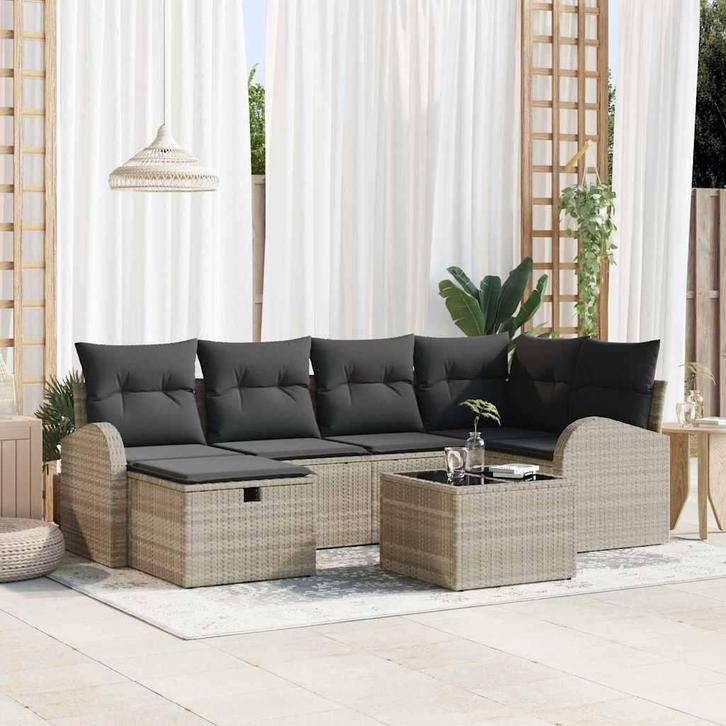 vidaXL Tuin Sofa Set met kussen met opslag 7 pcs Lichtgrijs, Tuin en Terras, Tuinsets en Loungesets, Nieuw, Rotan, Verzenden
