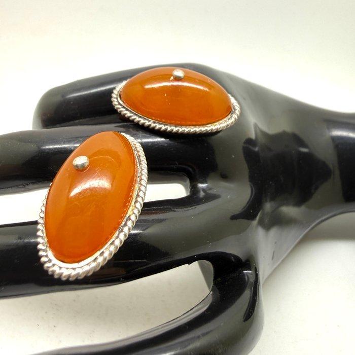 Oude zilveren manchetknopen met Baltisch amber cabochons -, Verzamelen, Mineralen en Fossielen