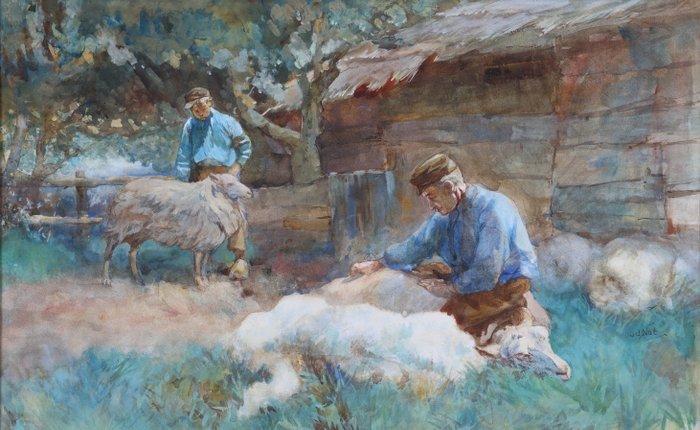 Willem Hendrik van der Nat (1864–1929) - Twee boeren scheren, Antiek en Kunst, Kunst | Schilderijen | Klassiek