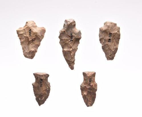 Late archaic-Woodland Vuursteen 5 pijlpunten (Zonder, Antiek en Kunst, Antiek | Overige Antiek