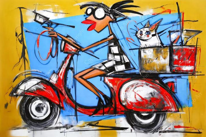 John Joseb Art - Canvas schilderij vrouw op scooter met poes, Huis en Inrichting, Woonaccessoires | Schilderijen, Tekeningen en Foto's