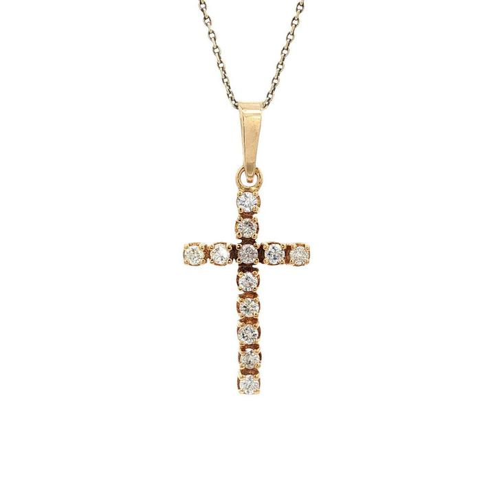 Gouden kruis hanger met diamant 14 karaat, Sieraden, Tassen en Uiterlijk, Kettingen, Wit, Zo goed als nieuw, Met hanger, Goud
