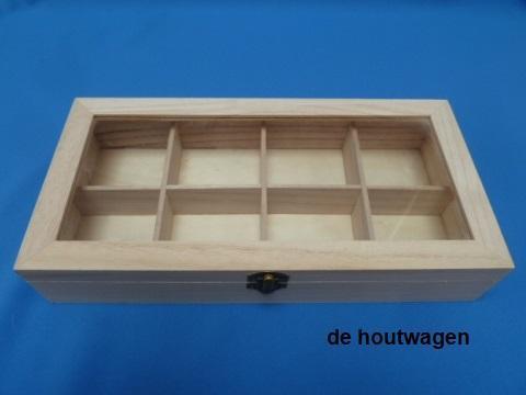 houten kist met 8 vakken en glazen deksel - houten kist, Huis en Inrichting, Woonaccessoires | Kisten, Minder dan 50 cm, Nieuw