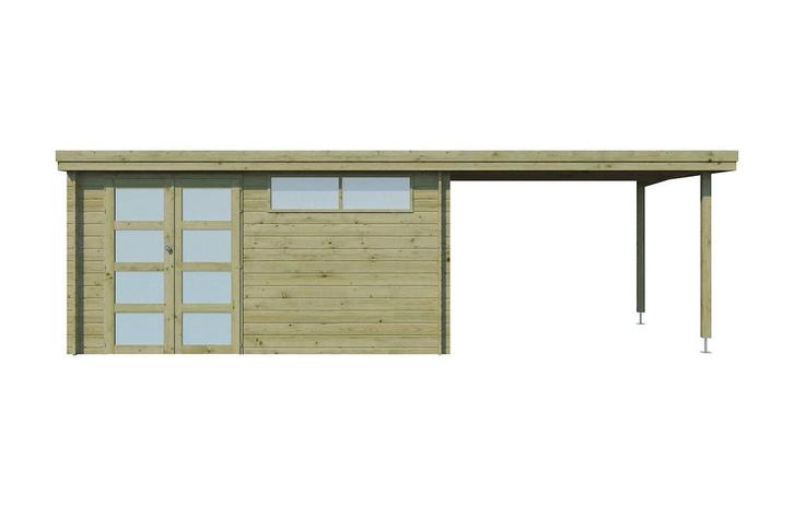 Woodlands Blokhut Oregon met Overkapping Geïmpregneerd 715 x, Tuin en Terras, Tuinhuizen