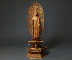 Amitabha Buddha Statue with Openwork Halo and Intricate Base, Antiek en Kunst