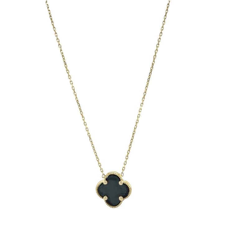 Gouden collier met klavertje 4 hematiet 14 karaat, Sieraden, Tassen en Uiterlijk, Kettingen, Zwart, Zo goed als nieuw, Met hanger
