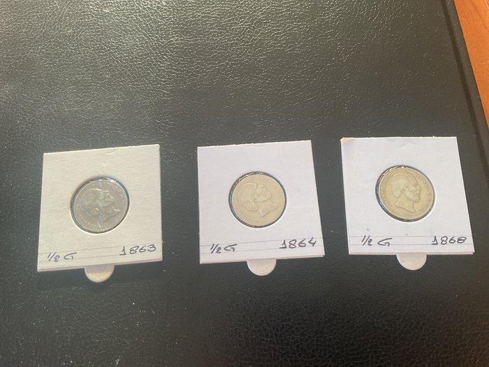 Nederland. Willem III. 1/2 Gulden 1863-1864-1868 (Zonder, Postzegels en Munten, Munten | Nederland