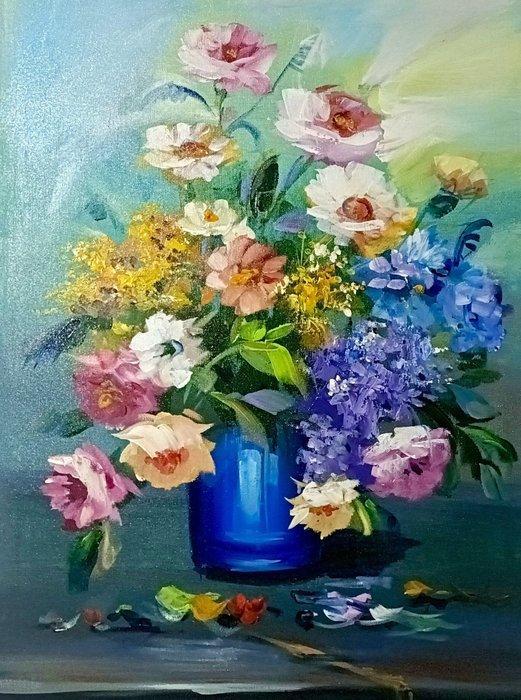 R. Rondelli (1977) - Sinfonia di Fiori nel vaso Blu, Antiek en Kunst, Kunst | Schilderijen | Klassiek