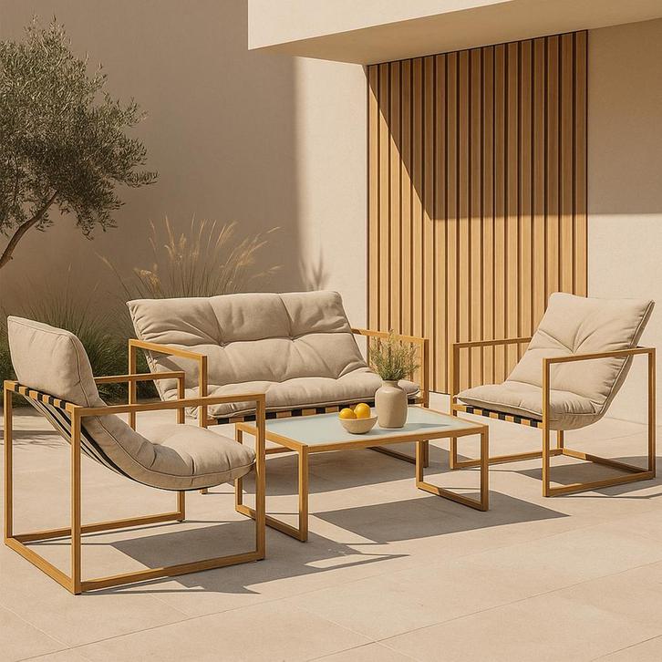 Dallas 4-delige tuinset tafel zitbank 2x stoelen hout en kak, Tuin en Terras, Tuinsets en Loungesets, Verzenden