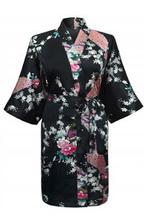 KIMU® Kimono Zwart Kort M-L Yukata Satijn Boven de Knie Kort, Kleding | Dames, Nieuw, Carnaval, Maat 38/40 (M), Ophalen of Verzenden