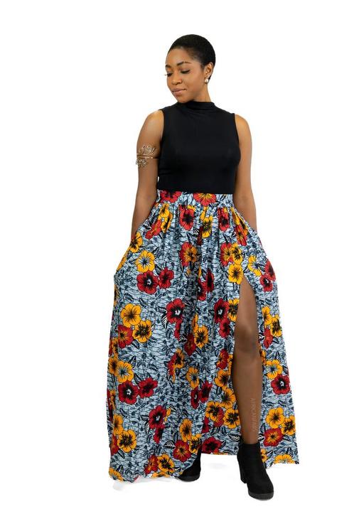 Afrikaanse print maxi rok - Lichtgrijze Flowers, Kleding | Dames, Rokken, Nieuw, Ophalen of Verzenden