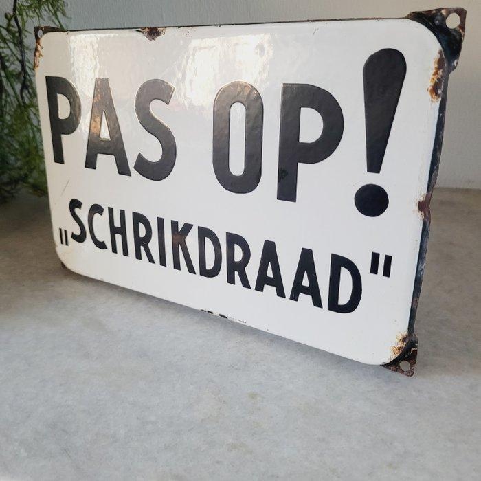 Pas Op! Schrikdraad, Langcat Bussum, 1950 - Reclamebord -, Antiek en Kunst, Antiek | Wandborden en Tegels