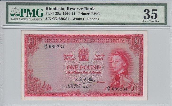 1964 Rhodesia P 25a 1 Pound Pmg 35, Postzegels en Munten, Bankbiljetten | Europa | Niet-Eurobiljetten, Verzenden