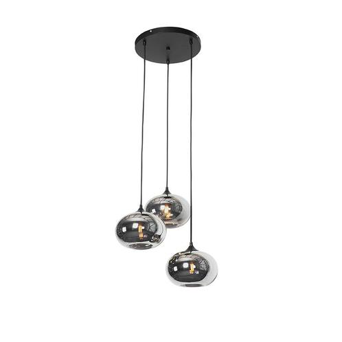 Art Deco hanglamp zwart met smoke glas rond 3-lichts- Busa, Huis en Inrichting, Lampen | Hanglampen, Nieuw, Glas, 75 cm of meer