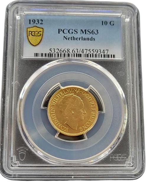 Gouden Wilhelmina 10 gulden 1932 MS63 PCGS gecertificeerd, Postzegels en Munten, Munten | Nederland, Losse munt, Goud, Verzenden