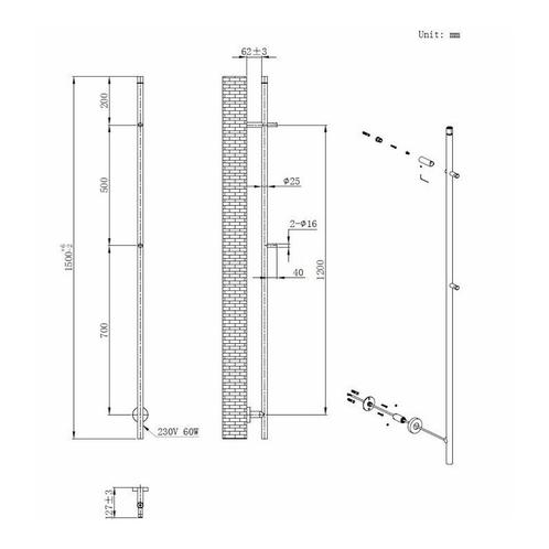 Elektrische Staafhanddoekradiator BWS Cyrus 60 Watt 150 cm, Doe-het-zelf en Verbouw, Sanitair, Ophalen of Verzenden