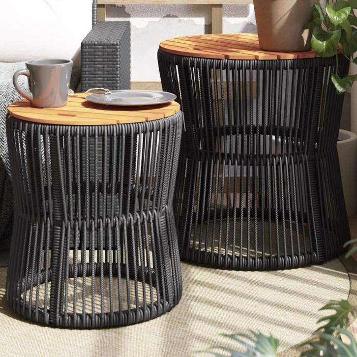 vidaXL Tuinbijzettafels 2 st met houten blad poly rattan, Tuin en Terras, Tuintafels, Nieuw, Verzenden