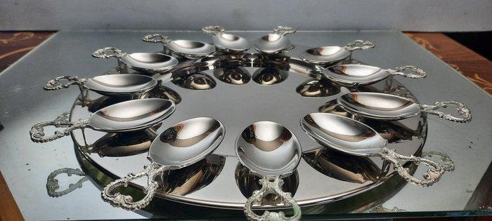 Lepel (13) - amuse/hapjes lepels met verzilverd bord -, Antiek en Kunst, Antiek | Meubels | Tafels
