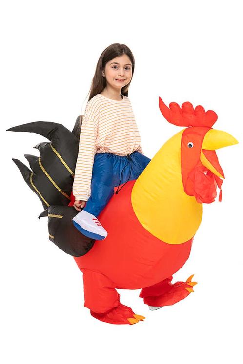 KIMU® Opblaas Kostuum Kinderen Zittend op Haan Rood Geel 122, Kinderen en Baby's, Carnavalskleding en Verkleedspullen, Nieuw, Ophalen of Verzenden