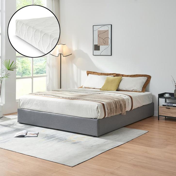 Tweepersoonsbed Nola met matras linnen 200x180 cm grijs [en., Huis en Inrichting, Slaapkamer | Bedden, Verzenden