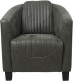 Donkergrijze leren landelijke kuipstoel - poot hout zwart -, Huis en Inrichting, Fauteuils, Klassiek, Nieuw, Ophalen of Verzenden