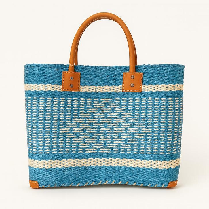 Handgemaakte sisal mand met leren handvatten, Sieraden, Tassen en Uiterlijk, Tassen | Damestassen, Overige typen, Overige kleuren