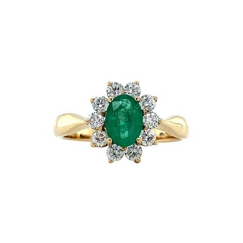 Gouden entourage ring met diamant en smaragd 14 karaat*, Sieraden, Tassen en Uiterlijk, Ringen, Zo goed als nieuw, Goud, Verzenden
