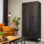 Visgraat kast zwart New York | Mangohout Staal | 90 cm breed, Huis en Inrichting, Kasten | Buffetkasten, Verzenden, Nieuw