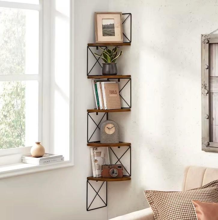5-Laags Zigzag Hoek Wandkast Industrieel van Staal en Hout, Huis en Inrichting, Kasten | Wandmeubels, Minder dan 25 cm, Met plank(en)