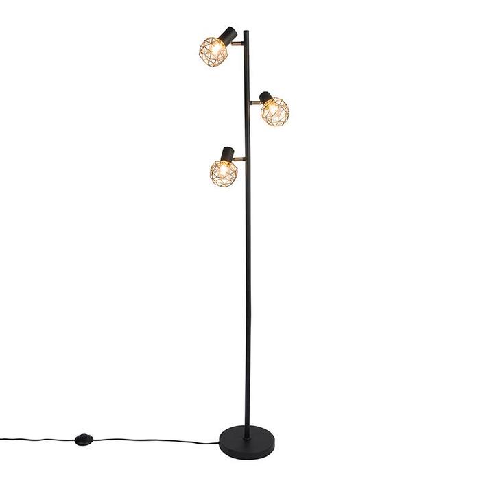Design vloerlamp zwart met goud 3-lichts verstelbaar - Mesh, Huis en Inrichting, Lampen | Vloerlampen, Nieuw, Overige materialen