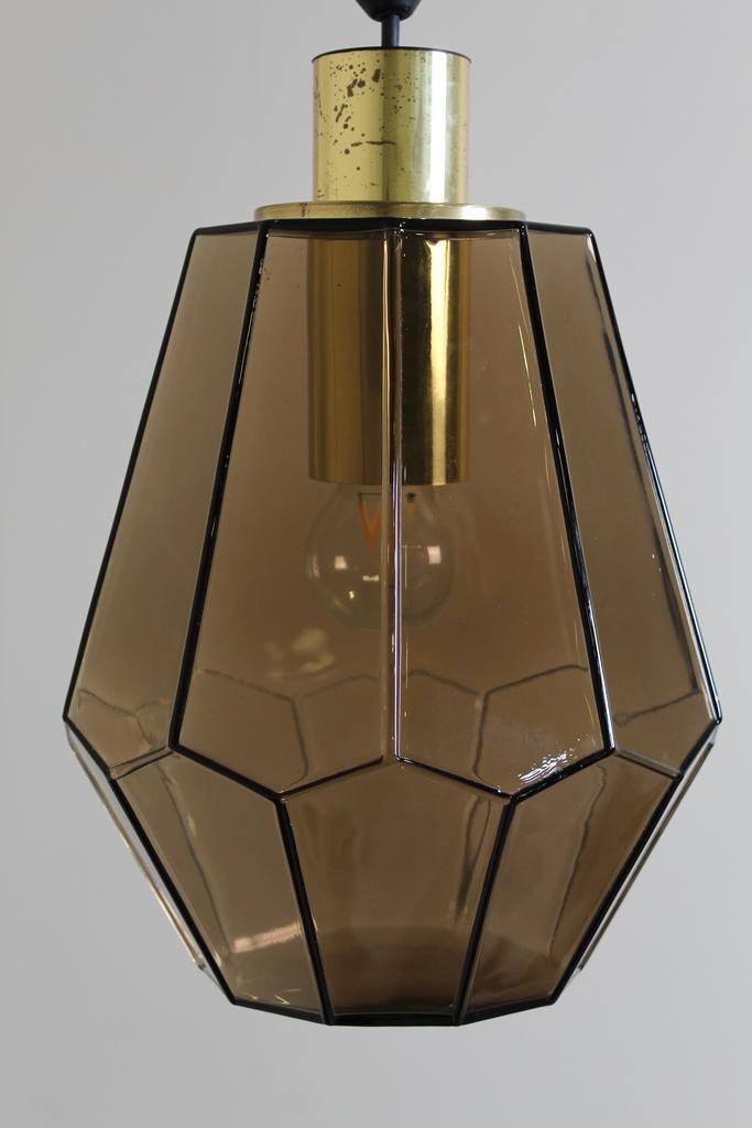 Vintage rookglas hanglamp, plafondlamp Glashutte Limburg, Huis en Inrichting, Lampen | Hanglampen, Zo goed als nieuw, Glas, Metaal