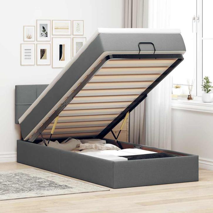 vidaXL Bed poef met matras en LEDs stof 80x200 cm, Huis en Inrichting, Slaapkamer | Bedden, 80 cm, 200 cm, Grijs, Eenpersoons