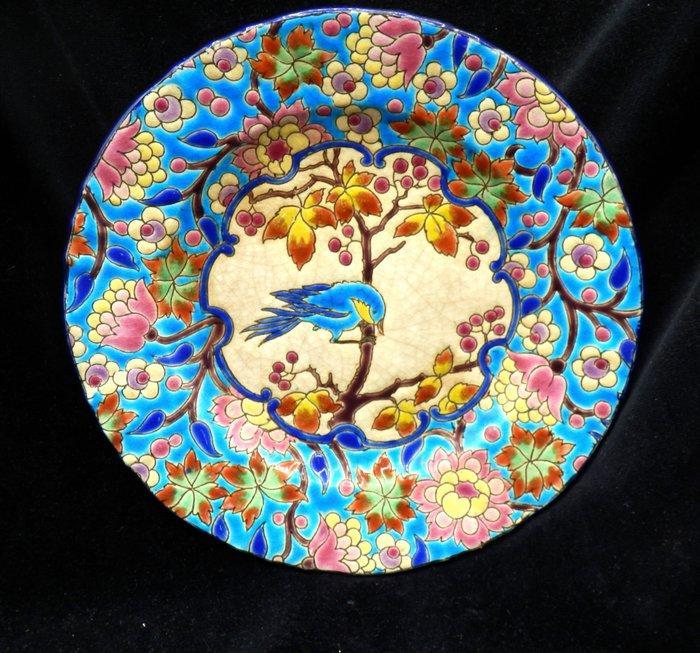 Longwy - Fraaie Longwy schaal - bord met floraal en vogel, Antiek en Kunst, Antiek | Glas en Kristal