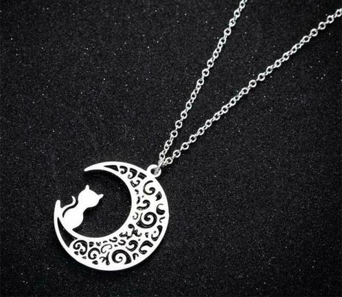 Katten ketting Zilverkleurig Cat on the moon, Sieraden, Tassen en Uiterlijk, Kettingen, Nieuw, Met hanger, Overige materialen