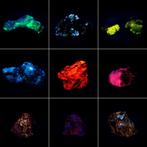 9 fluorescerende mineralen SW + LW calciet, hyalite, kwarts,, Verzamelen, Mineralen en Fossielen